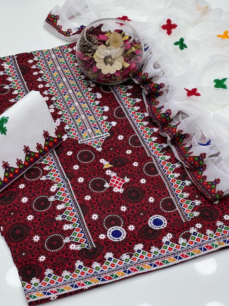 3 Pcs Women's Unstitched Cotton Embroidered Suit