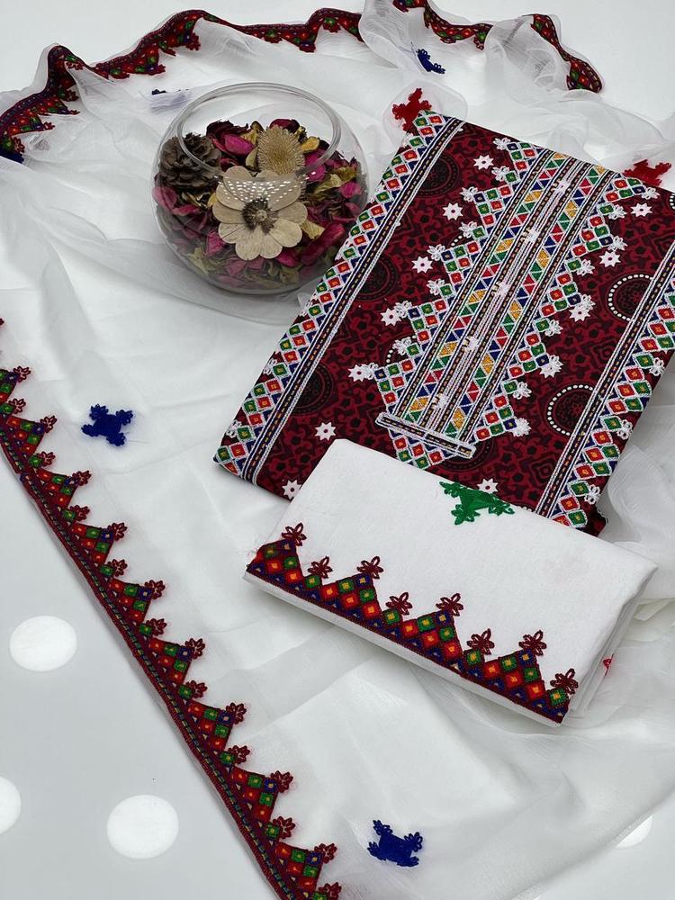 3 Pcs Women's Unstitched Cotton Embroidered Suit
