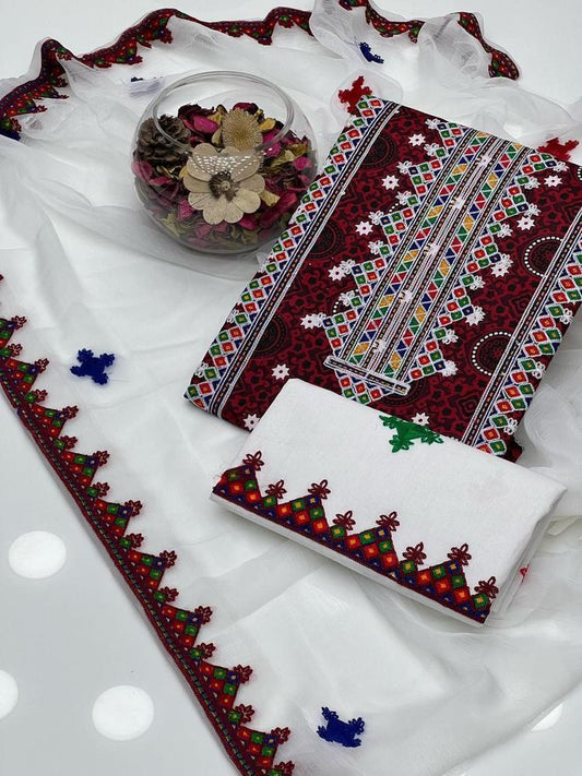 3 Pcs Women's Unstitched Cotton Embroidered Suit